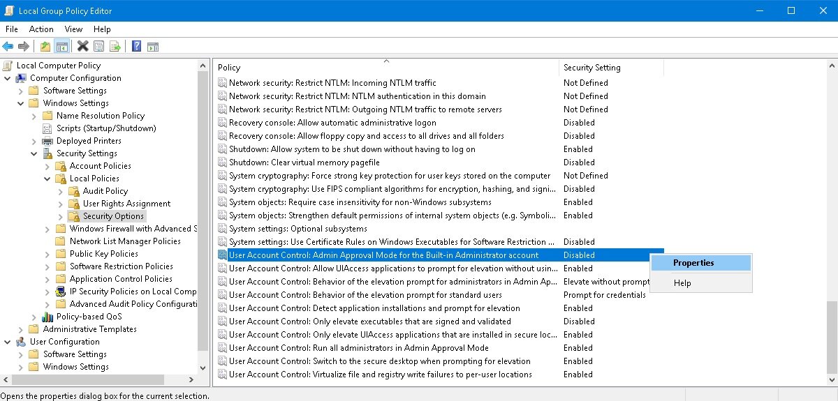 Clicking Properties of disabled User Account Control in Admin Approval Mode.