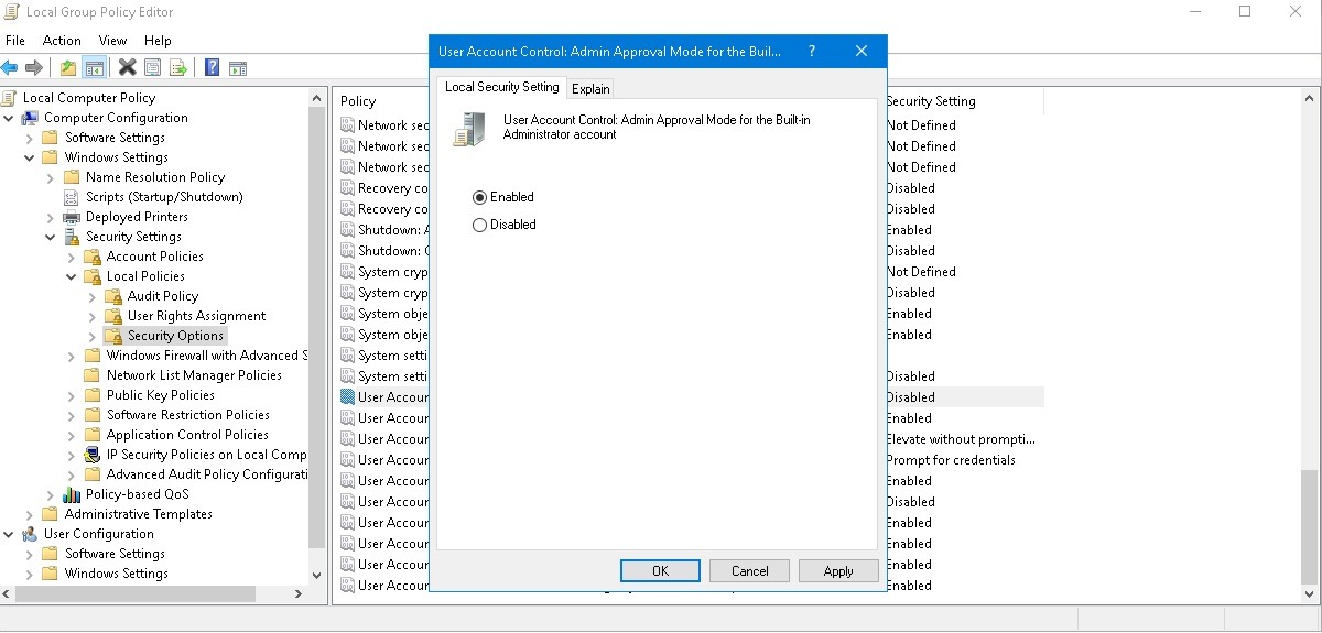 Enabling User Account Control Admin Approval Mode for the built-in Administrator account. 