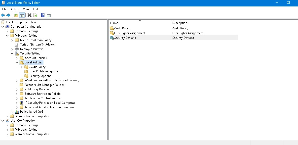 Clicking Security Options under Local Policies in Local Group Policy Editor. 