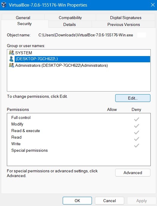 Edit user permissions in Security for logged-in user account in a file's Properties. 