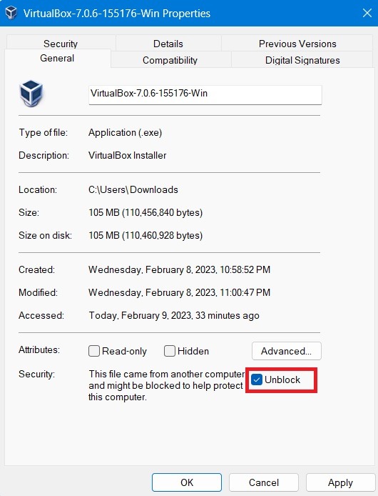 Unblock a file from its general Properties window. 