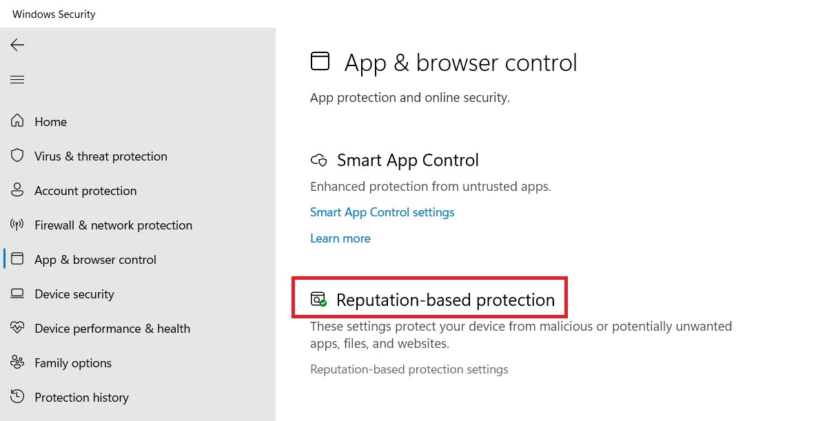 Click Reputation Based Protection in Windows Security App & Browser Control.
