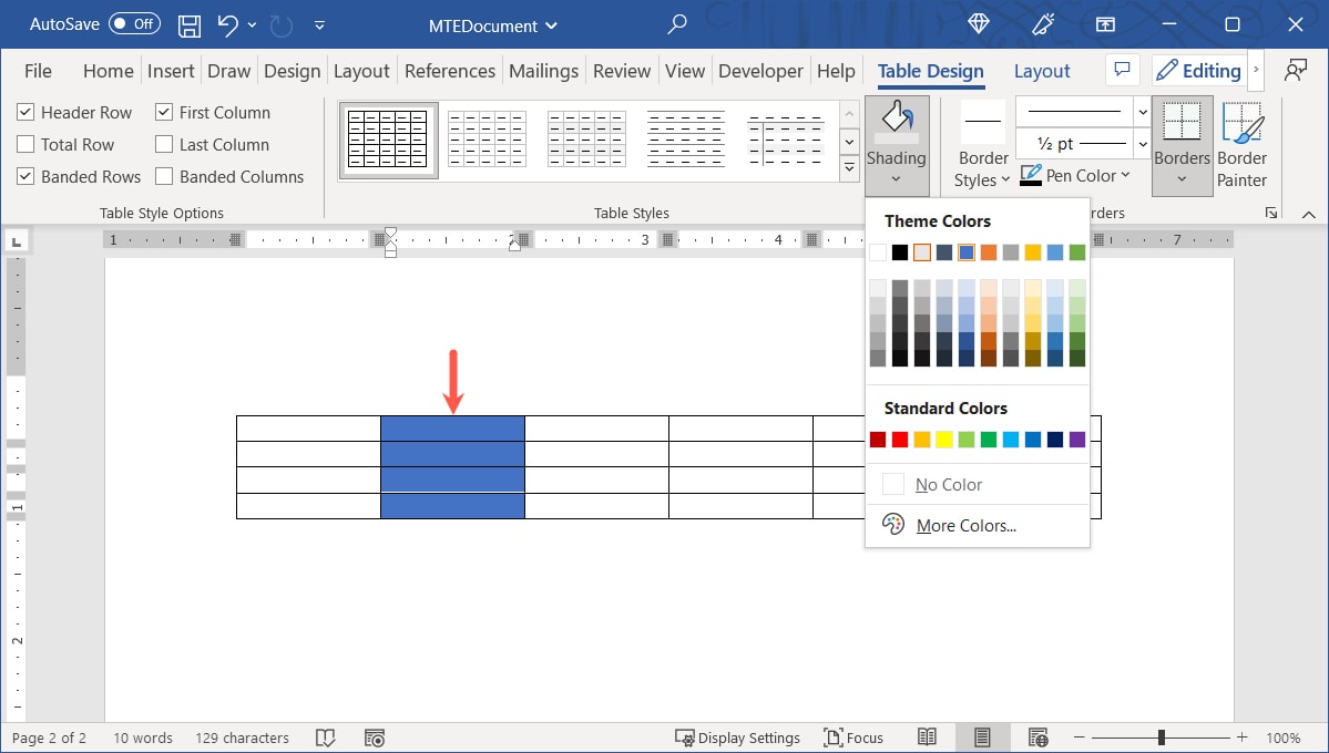 Shading added to a column