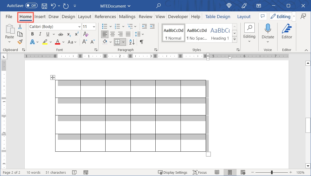 Home tab in Word