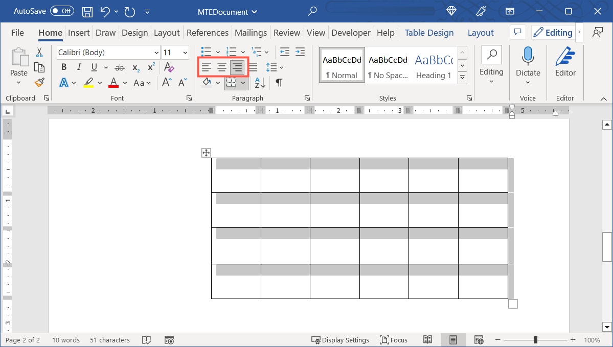 Buttons to align a table in Word