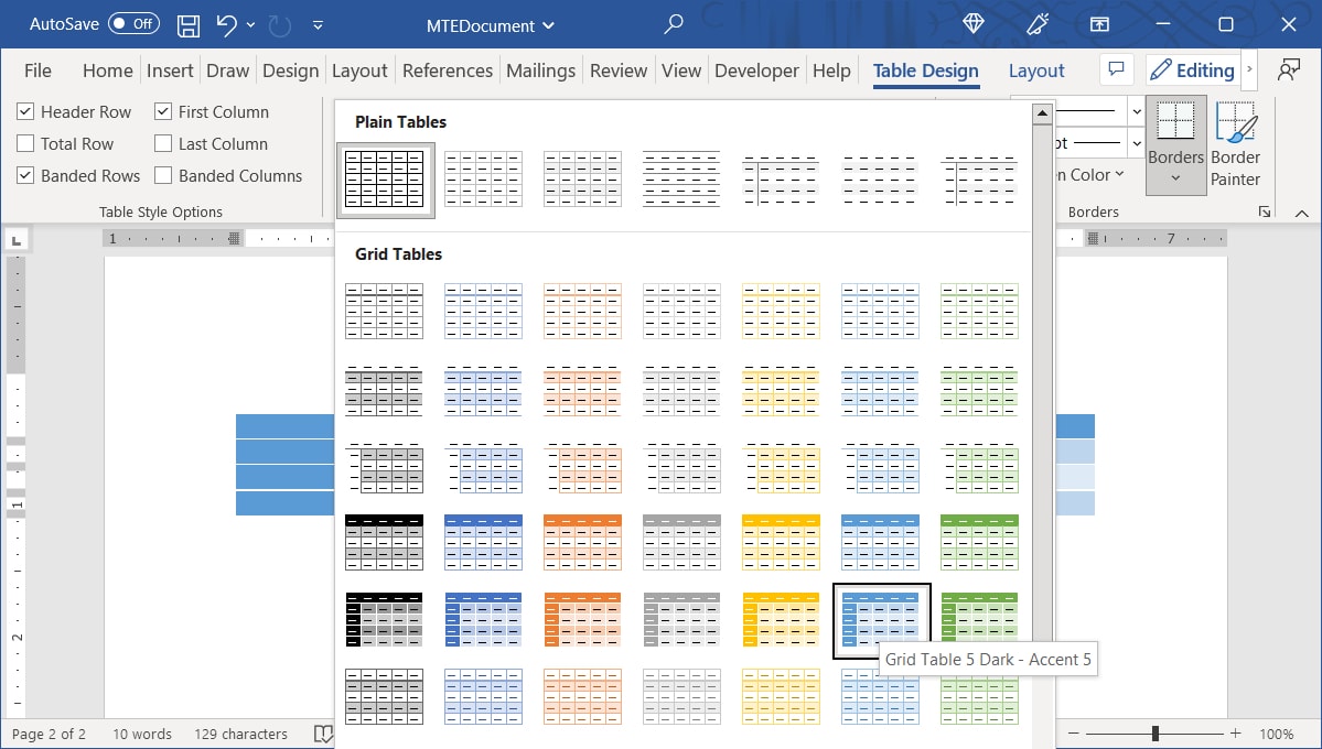 All Table Styles in Word