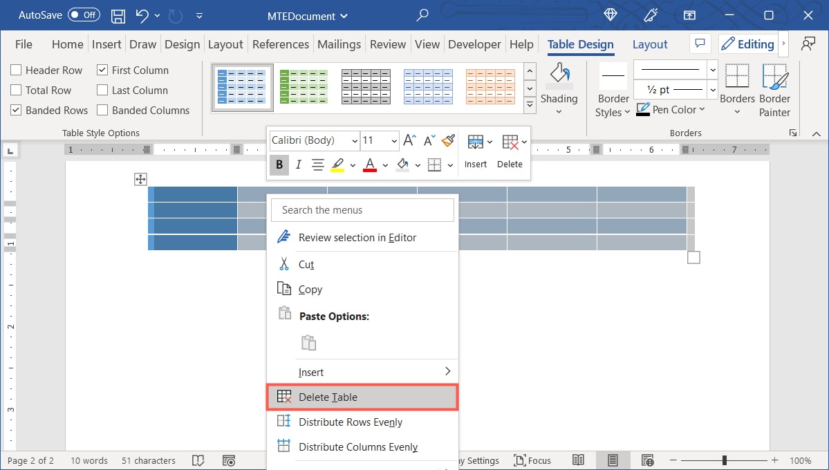 Delete Table in the menu