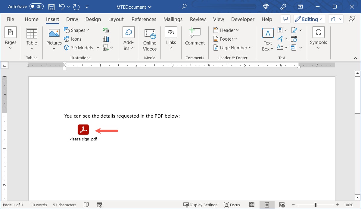 PDF Displayed as an icon in Word