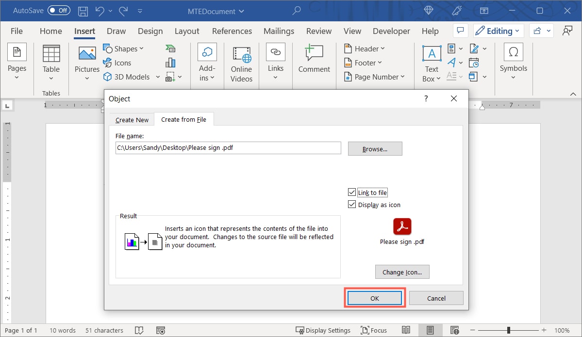 OK button to display the PDF as an icon