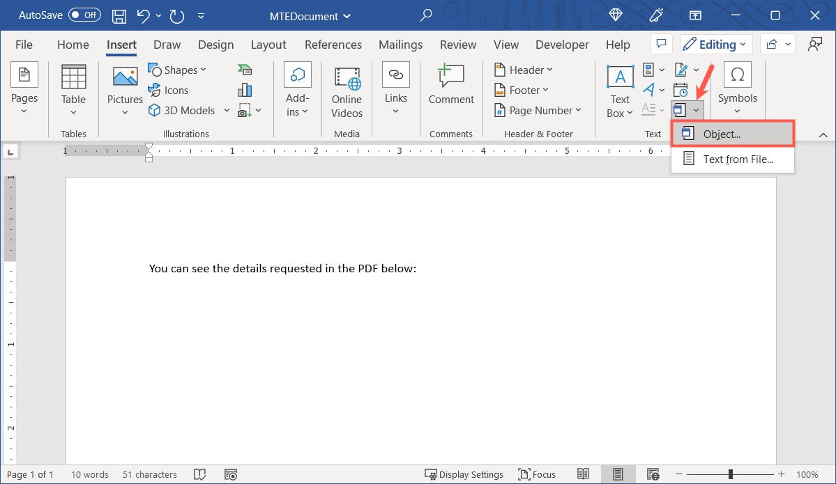 Object on the Word Insert tab