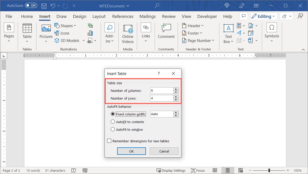 Table Size fields for a new table