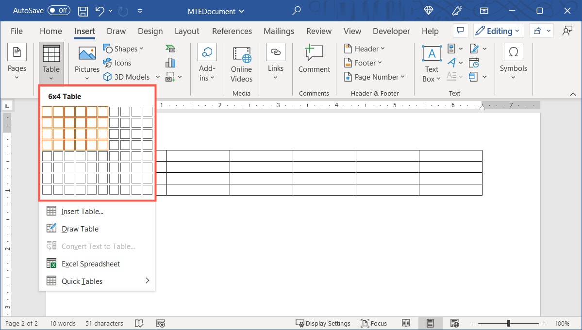 Grid to insert a table in Word