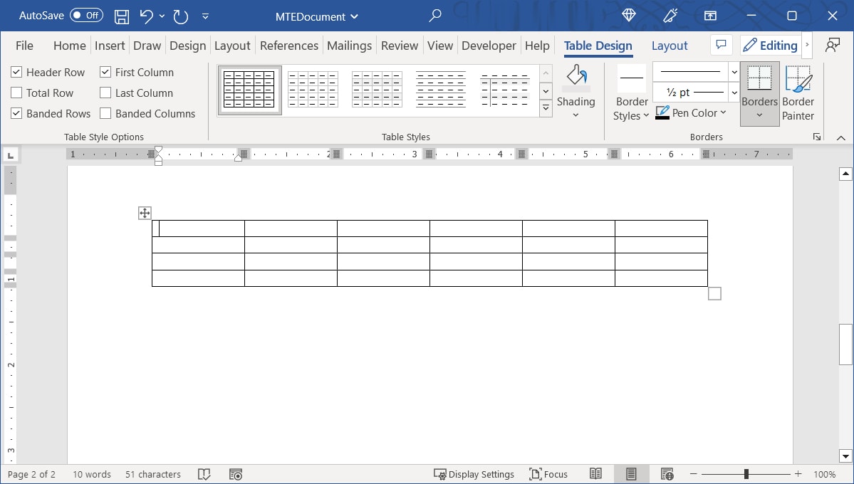 Table inserted in Word