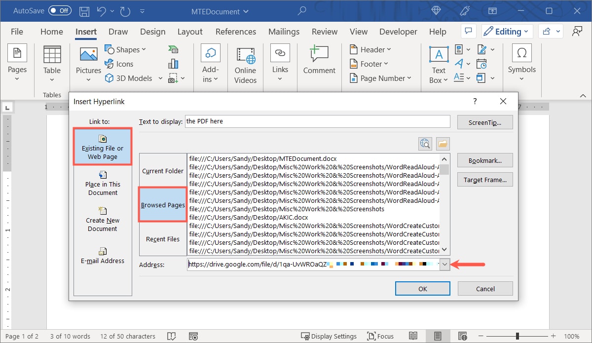 Browsed Pages and Address field for a link
