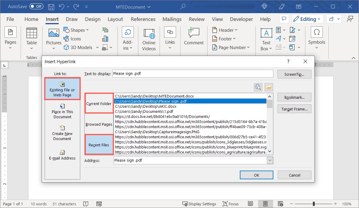 File selection box for a link in Word