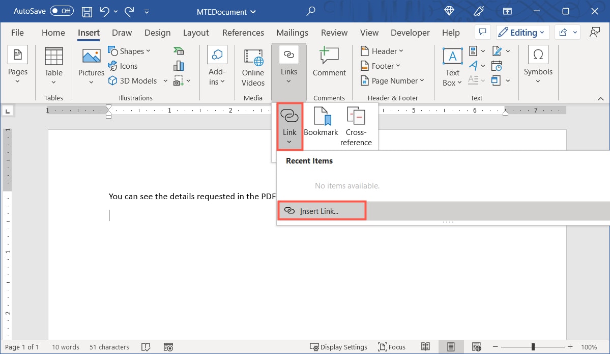 Insert Link in the Links menu