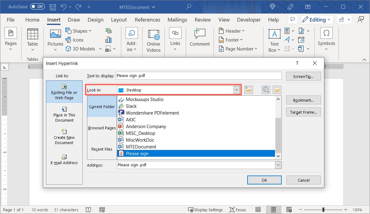 Look In field to locate a file to link