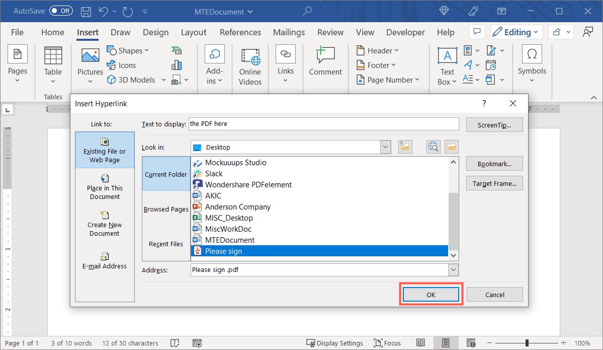OK button to link to the PDF