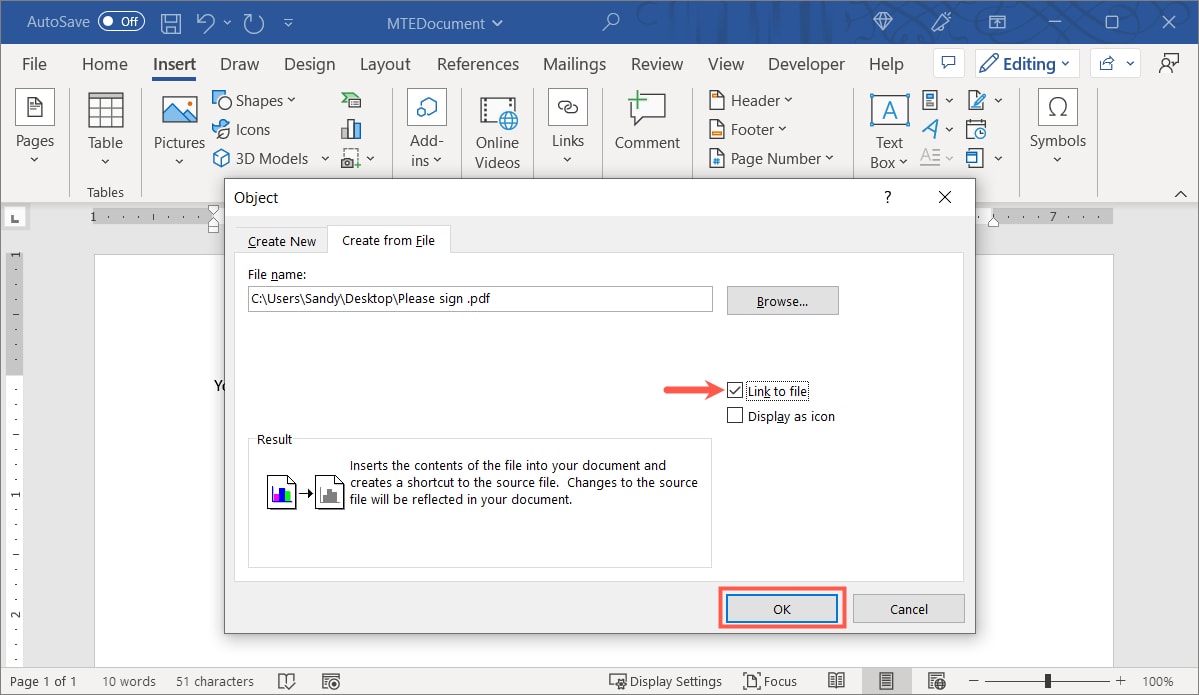 Link To File box checked