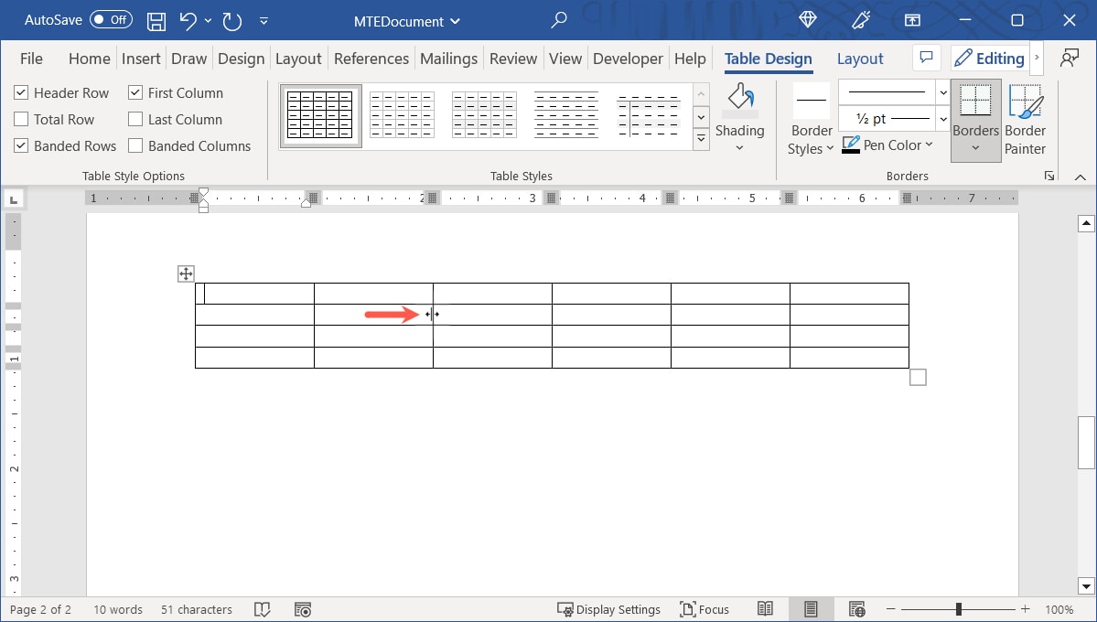 Double-sided arrow to resize a column