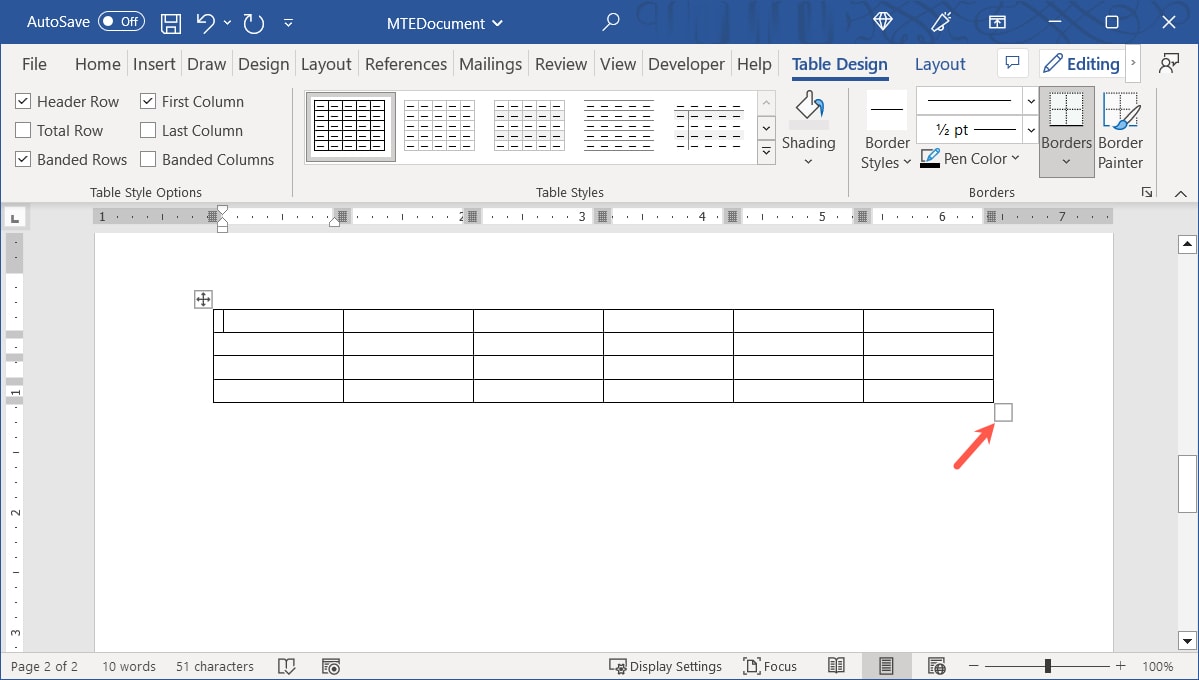 Square on the bottom right of a table