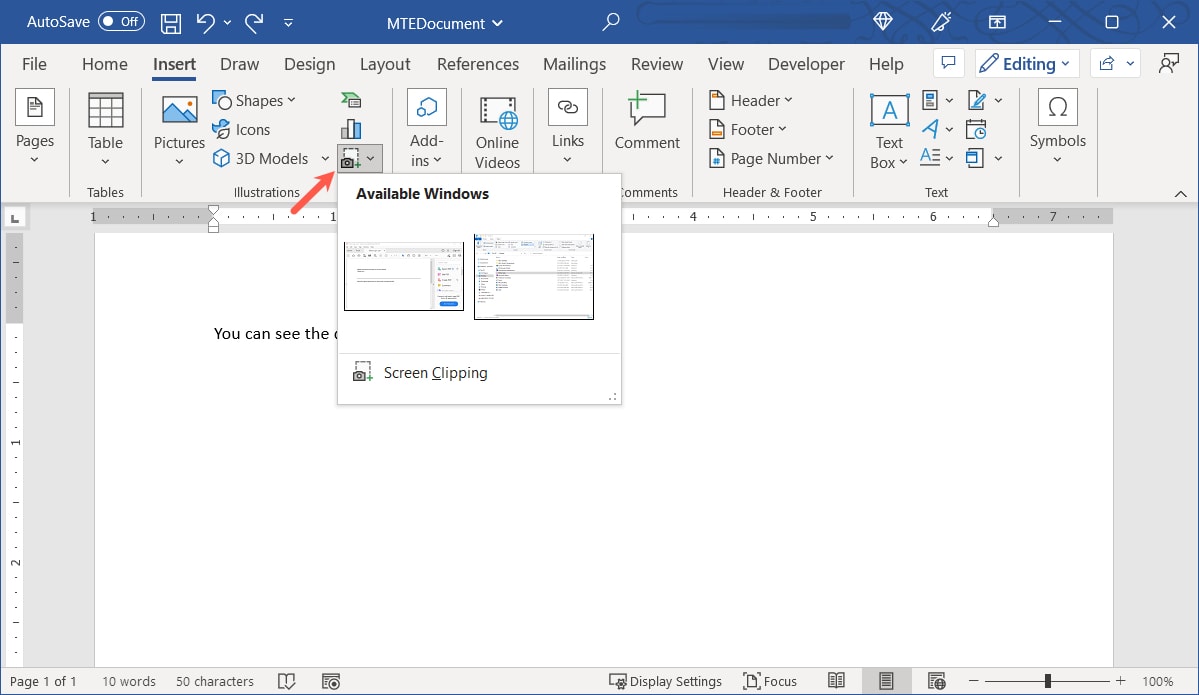 Screenshot button on the Insert tab