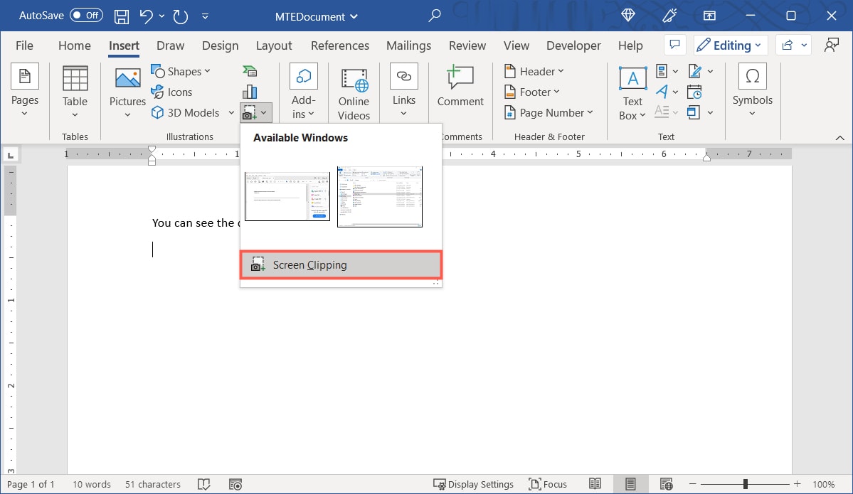 Screen Clipping in the Screenshot menu