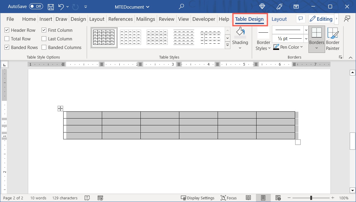 Word Table Design tab