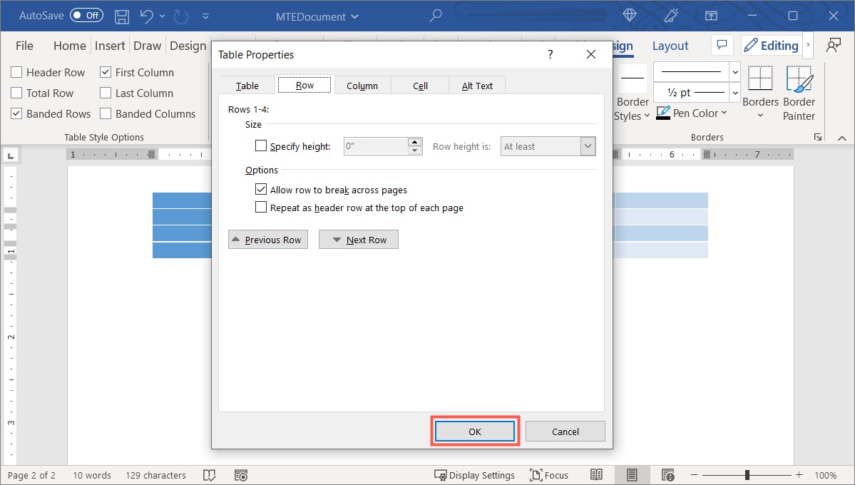OK button in the Table Properties