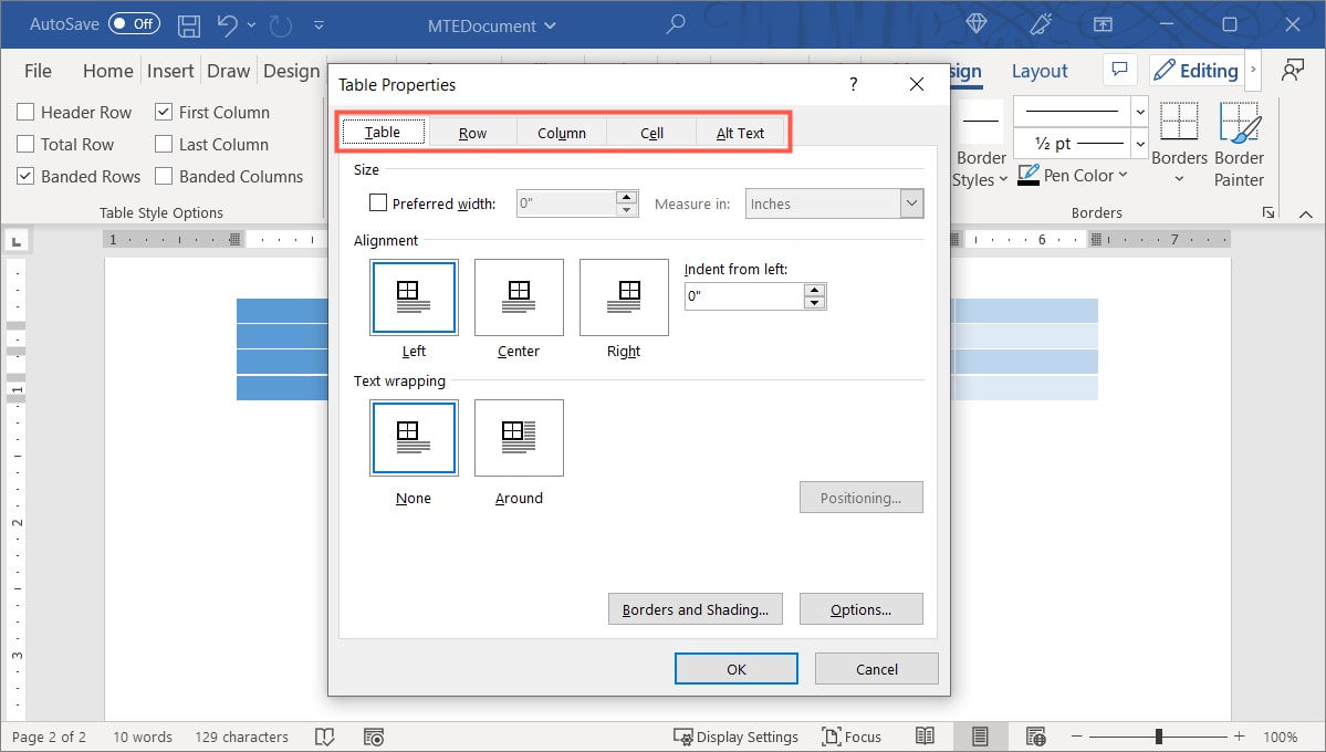 Table Properties and tabs