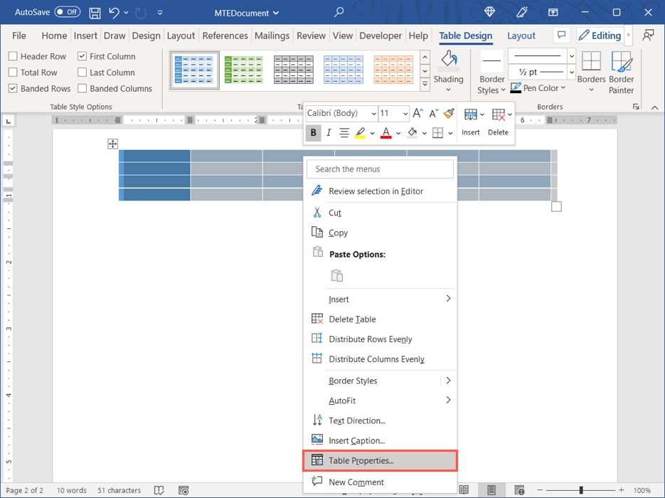 Table Properties in the menu