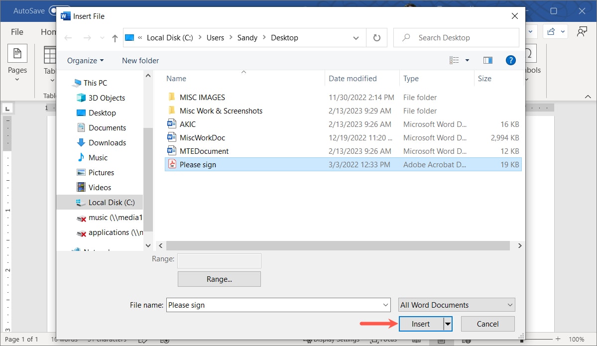 Insert button for the selected file