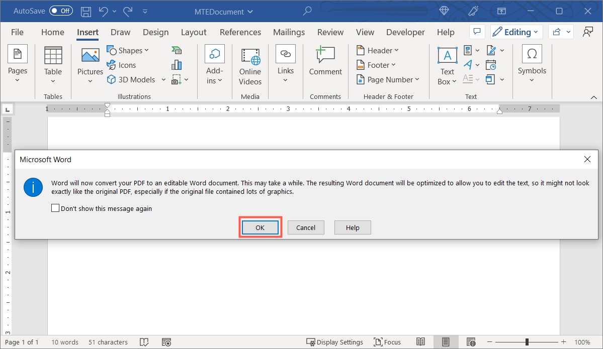 Message for inserting text from a PDF in Word
