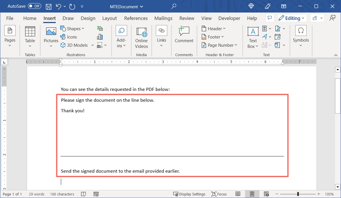 Text from a PDF inserted in Word
