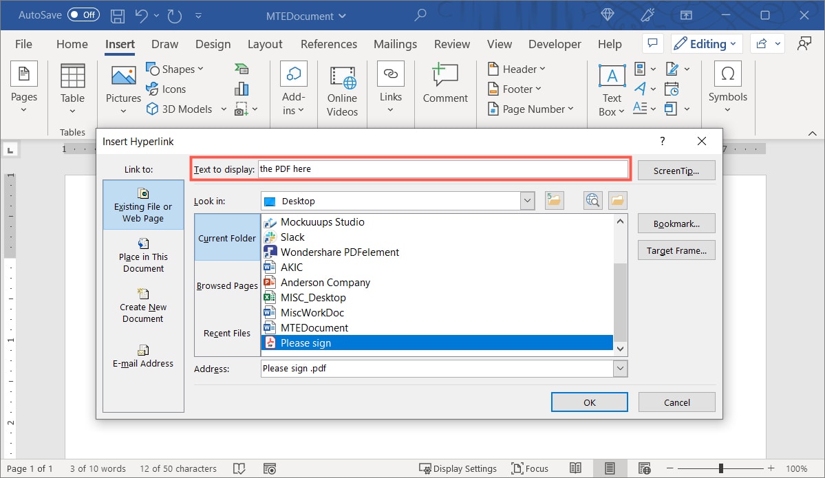 Text To Display field for a link in Word