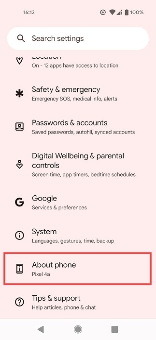 "About phone" option in Settings on Android phone.