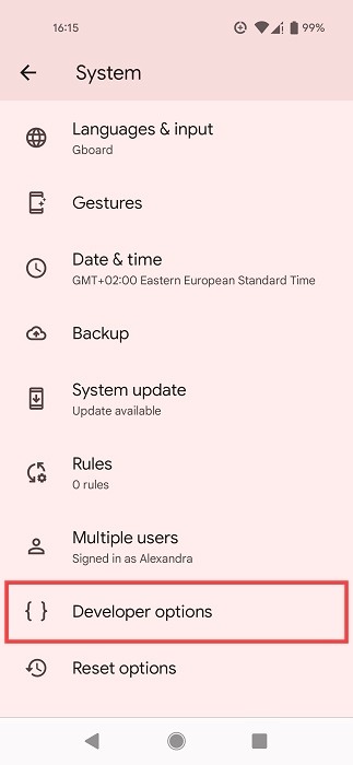 Developer options on Android phone.
