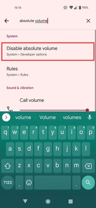 Searching for "absolute volume" in Developer Options.