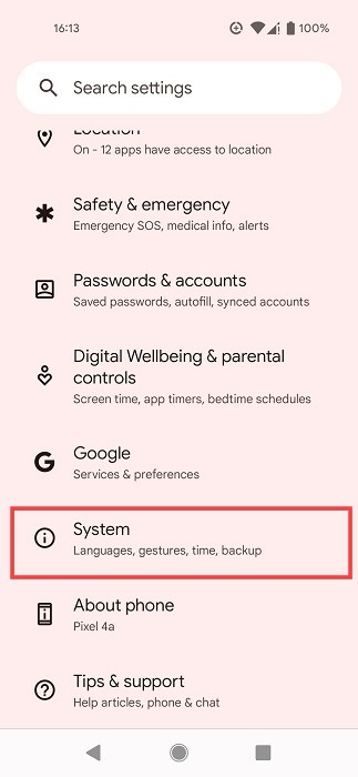 System menu under Settings on Android phone.