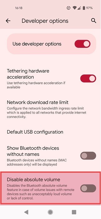 "Disable absolute volume" option with toggle off on Android phone.