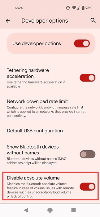 "Disable absolute volume" option with toggle enabled on Android phone.