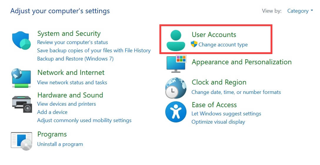 Options under Control Panel in Windows.