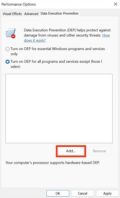 Clicking "Add" button in Performance Options window.
