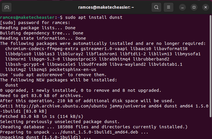 A terminal screenshot of the Dunst installation process.