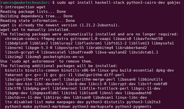 A terminal window screenshot that shows the dependency installation process for Deadd.