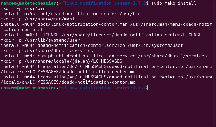 A screenshot of a terminal window that shows the Deadd installation process.