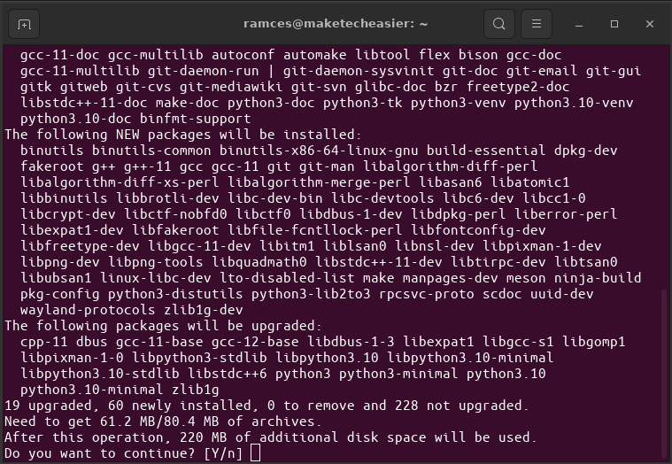 A terminal window showing the installation of dependencies for fnott.