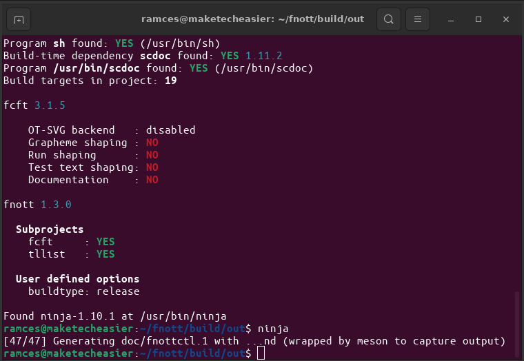 A terminal window showing the compilation process for fnott.