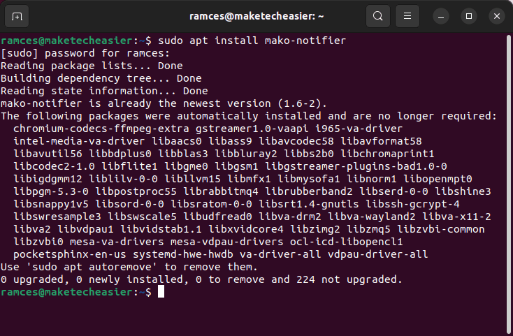 A terminal window showing the installation process for mako.