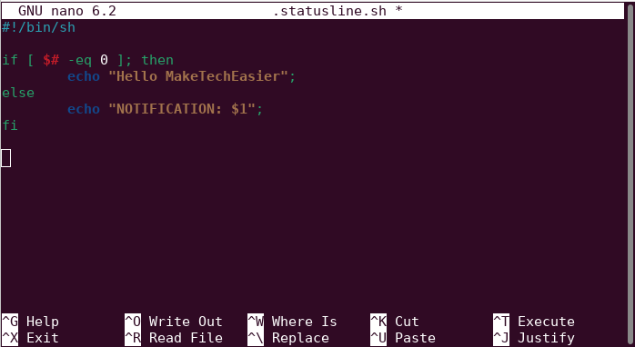 A terminal window showing a sample status line script for statnot.